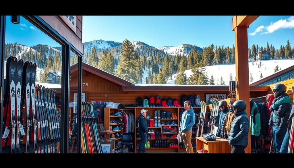 A bustling outdoor gear shop nestled in the heart of a picturesque California town. The storefront features large windows showcasing an array of high-quality skiing and snowboarding equipment, from sleek skis and sturdy boots to colorful jackets and gloves. The interior is well-lit, with wooden shelves and displays showcasing the latest gear and accessories. Experienced staff members are on hand to provide expert advice and personalized fittings. In the background, snow-capped mountains and lush evergreen forests create a breathtaking natural backdrop, hinting at the world-class skiing and snowboarding opportunities just a short drive away.