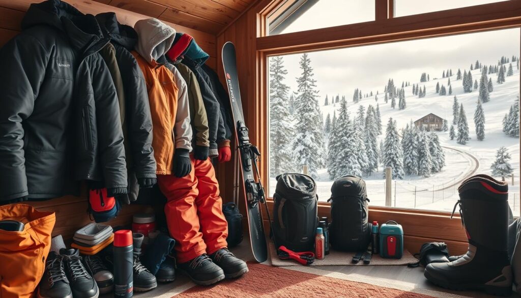 A cozy, well-lit cabin interior with a large window overlooking a snowy California mountain landscape. In the foreground, a neatly organized collection of essential ski trip gear - warm winter jackets, insulated snow pants, thermal base layers, waterproof gloves, thick socks, and sturdy ski boots. A high-quality pair of skis and poles leans against the wall, ready for the slopes. The middle ground features a travel backpack, a thermos, and a first-aid kit, hinting at the adventurous journey ahead. The background showcases the picturesque scene outside - tall pine trees dusted with snow, a winding trail leading to a distant ski lift. The overall mood is one of excitement and preparation for an unforgettable California ski getaway.