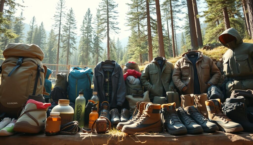 A natural sunlit outdoor scene showcasing a display of eco-friendly outdoor gear. In the foreground, high-quality hiking backpacks, water bottles, and camping equipment made from sustainable materials like bamboo, recycled plastics, and organic fabrics. The middle ground features a variety of hiking boots, jackets, and accessories, all sporting earthy tones and minimalist designs. In the background, a lush forest landscape with towering pine trees and a tranquil stream, conveying a sense of environmental harmony. The lighting is soft and diffused, creating a warm, inviting atmosphere that highlights the natural aesthetics of the gear. The camera angle is slightly elevated, providing an immersive perspective that invites the viewer to explore this curated selection of responsibly-sourced outdoor essentials.