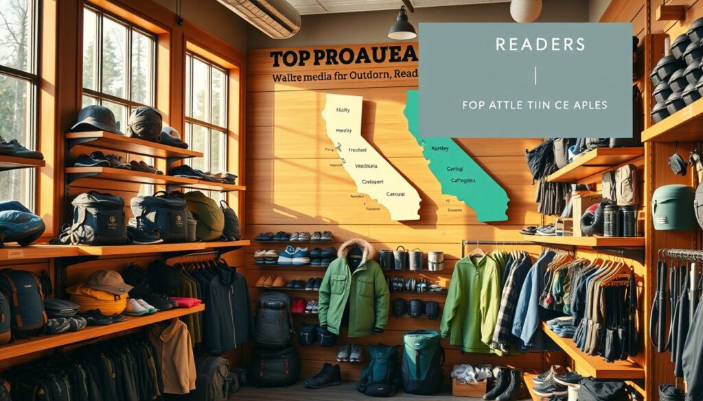 A neatly organized outdoor gear shop display showcasing the top-rated products from a California reader's poll. Warm natural lighting filters through large windows, casting a cozy ambiance. Prominently featured are high-quality camping equipment, hiking apparel, and premium outdoor accessories arranged on sleek wooden shelves. In the background, a stylized map of California highlights regional hubs for adventure. The overall scene conveys a sense of expertise, quality, and the state's adventurous spirit.