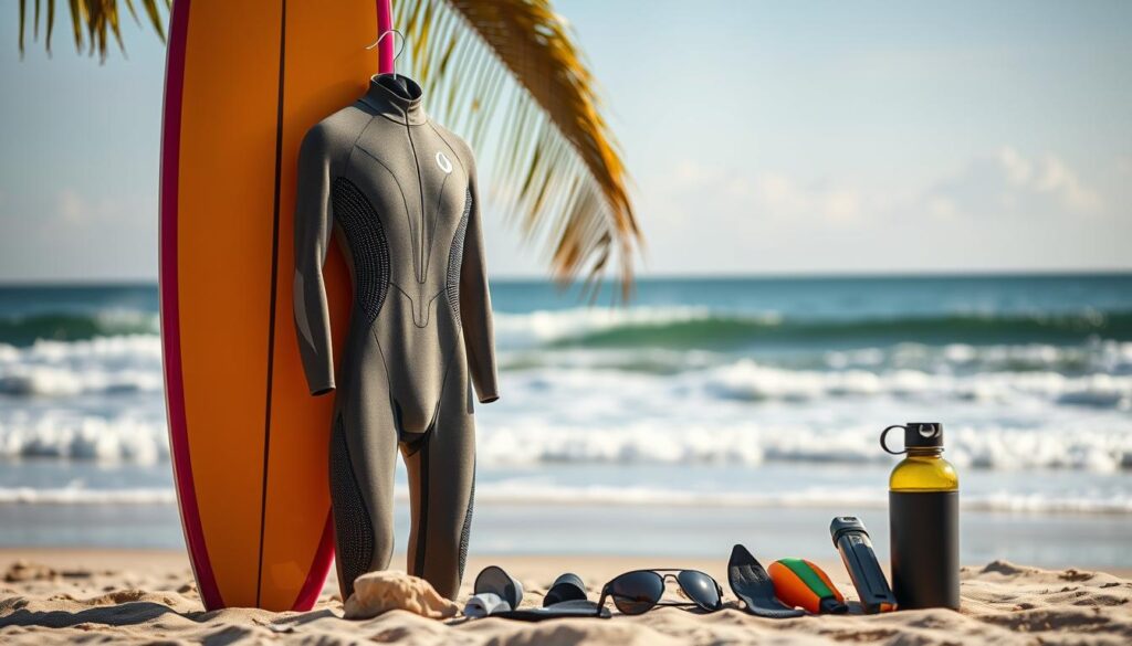 A sun-drenched California beach, with a collection of high-quality surfing gear artfully arranged in the foreground. A sleek, state-of-the-art surfboard in vibrant colors stands upright, its glossy finish catching the warm sunlight. Beside it, a plush, form-fitting wetsuit in a muted tone hangs, its intricate neoprene panels hinting at superior insulation and flexibility. In the middle ground, a selection of premium surfing accessories, such as stylish sunglasses, a wax comb, and a hydration bottle, are neatly displayed. The background features a backdrop of gently rolling waves, with a hint of a coastal palm tree swaying in the breeze, creating a serene and inviting atmosphere.