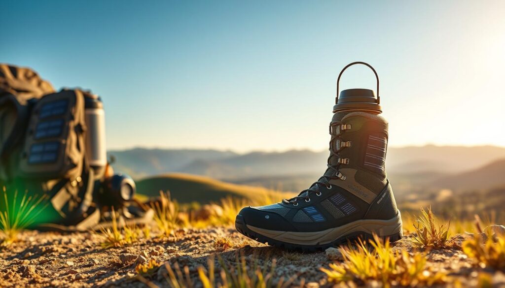 Outdoor gear bathed in warm California sunlight, sleek solar panels integrated seamlessly into backpacks, water bottles, and camping equipment. A rugged, trail-worn aesthetic blended with futuristic, sustainable design. In the foreground, a state-of-the-art hiking boot with tactile treads and a lightweight, weatherproofed upper. In the middle ground, a compact, foldable solar-powered lantern casting a soft, ambient glow. In the background, a panoramic vista of sun-dappled mountains and lush, rolling hills. The scene exudes a sense of adventure, exploration, and environmental consciousness - the future of California's great outdoors.