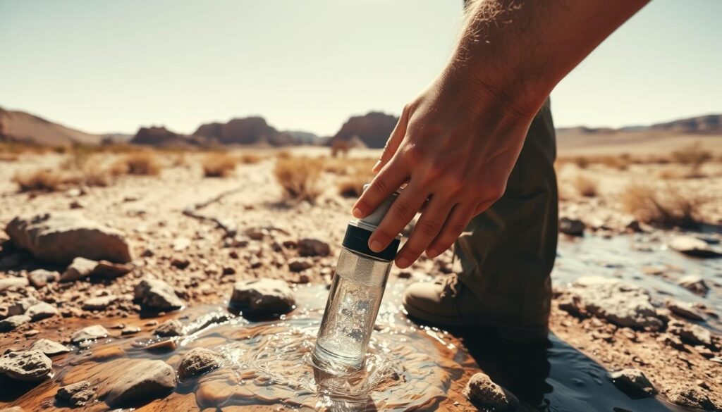 A desert landscape under a blazing sun, with a hiker carefully filtering water from a desert stream using a portable filtration device. In the foreground, the hiker's hands manipulate the filtration system, removing impurities and ensuring the water is safe to drink. In the middle ground, the desert terrain is rendered in muted tones of beige and ochre, with rugged rock formations and sparse vegetation. In the background, a cloudless sky stretches out, emphasizing the vastness and isolation of the environment. The scene conveys the importance of responsible water sourcing and the need for reliable filtration techniques in challenging desert conditions.