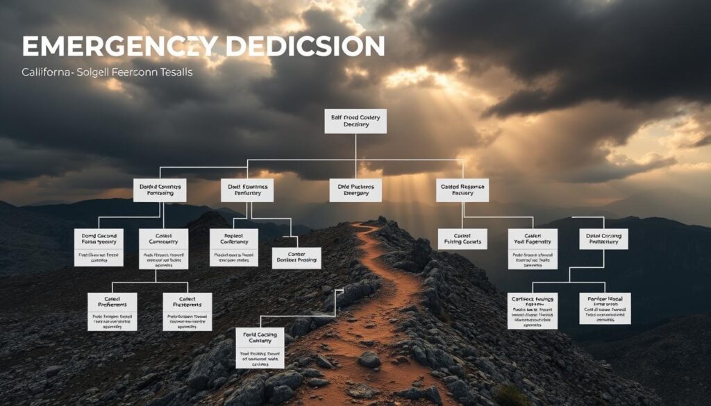 A detailed, photorealistic emergency decision tree, seen from a top-down perspective. The foreground depicts a branching structure of decision nodes, with crisp, clear iconography and annotations indicating different emergency response actions. The middle ground shows a rugged, rocky terrain with a winding trail, representing the California backcountry setting. The background features a dramatic, cloudy sky with shafts of warm, golden light breaking through, conveying a sense of urgency and high-stakes decision-making. The overall composition is clean, visually striking, and seamlessly integrates the technical details of the decision tree with the natural environment, creating a powerful and informative image.