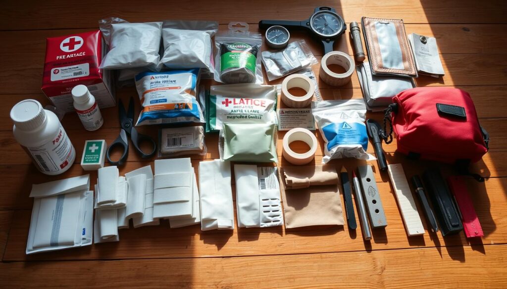 A meticulously organized array of essential first aid tools and supplies rests on a wooden surface, bathed in soft natural lighting. In the foreground, various bandages, gauze, antiseptic wipes, and adhesive tapes are neatly arranged. Alongside them, a small bottle of pain relievers, a pair of scissors, and a compact emergency blanket come into view. In the middle ground, a roll of medical tape, a pack of moleskin for blisters, and a slim splint catch the eye. In the background, a compass, a whistle, and a small flashlight complete the thoughtfully curated collection of trail first aid essentials, ready to face the demands of California's rugged outdoor adventures. A meticulously organized array of essential first aid tools and supplies rests on a wooden surface, bathed in soft natural lighting. In the foreground, various bandages, gauze, antiseptic wipes, and adhesive tapes are neatly arranged. Alongside them, a small bottle of pain relievers, a pair of scissors, and a compact emergency blanket come into view. In the middle ground, a roll of medical tape, a pack of moleskin for blisters, and a slim splint catch the eye. In the background, a compass, a whistle, and a small flashlight complete the thoughtfully curated collection of trail first aid essentials, ready to face the demands of California's rugged outdoor adventures.