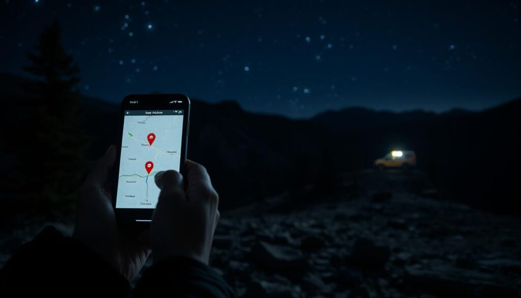 A nighttime scene depicting the process of emergency location reporting precision. In the foreground, a person's hands holding a smartphone displaying a GPS map with a blinking red marker. The middle ground shows a rugged mountain terrain with pine trees, rocky outcroppings, and a starry sky. In the background, a faint beacon of light from a distant cabin or emergency responder vehicle. Dramatic low-angle lighting casts long shadows, emphasizing the urgency and importance of accurately conveying one's location during a backcountry emergency. The overall mood is tense yet focused, with a sense of technological capability amidst the wilderness.