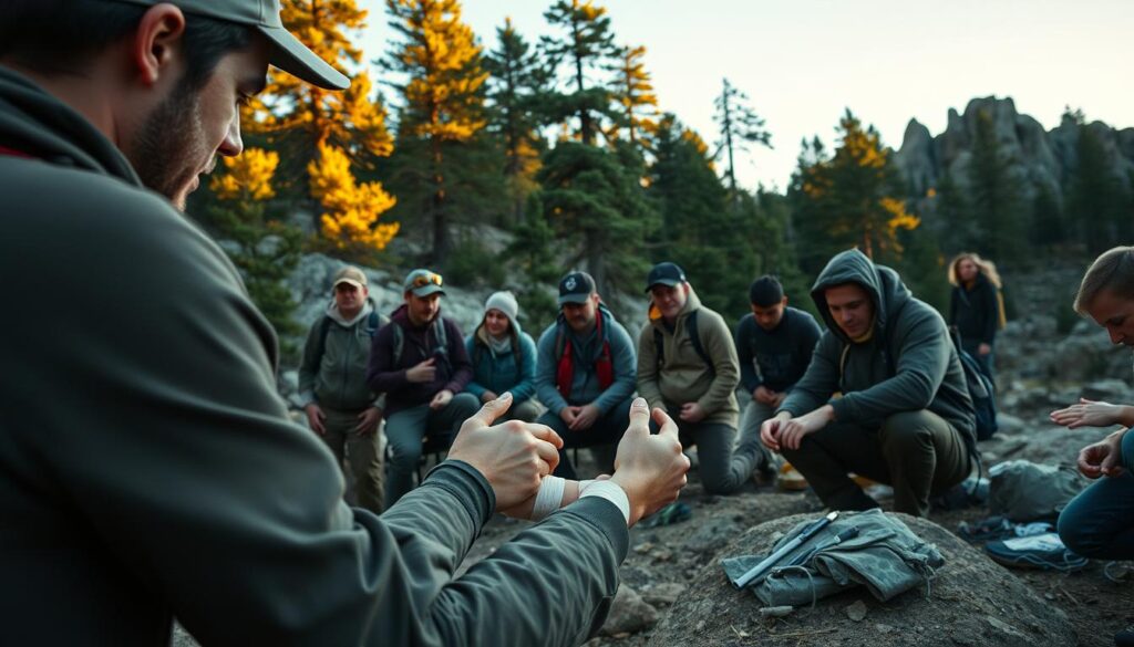 A rugged outdoor setting in the Californian wilderness, with a small group of people engaged in first aid training. In the foreground, a person demonstrates bandaging techniques on a simulated injury, their actions illuminated by warm natural lighting. In the middle ground, several trainees observe and practice the techniques, their expressions focused and determined. In the background, towering pine trees and rocky outcrops set the scene, conveying a sense of remote, untamed nature. The overall mood is one of preparedness and self-reliance, as the trainees learn essential skills for navigating the backcountry. A 35mm lens captures the scene with a shallow depth of field, emphasizing the central action.