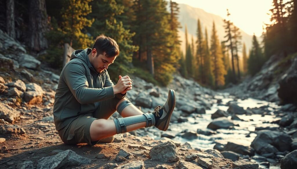 A wilderness first aid scene with a person splinting a leg fracture. A rugged outdoor setting with towering pine trees, rocky terrain, and a clear mountain stream in the background. Warm, natural lighting casts a golden glow. The subject is positioned in the foreground, carefully applying a rigid splint to the injured limb, showcasing the proper technique. The scene conveys a sense of calm competence and preparedness amidst the wild, untamed landscape.