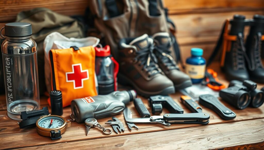 An outdoor sport packing checklist displayed on a wooden surface with various camping and outdoor gear items arranged neatly. The foreground features a compass, a water bottle, a first aid kit, and a multi-tool. The middle ground showcases hiking boots, a headlamp, and a folding knife. In the background, a backpack, a lightweight jacket, and a pair of binoculars are visible. The scene is lit by warm, natural lighting, conveying a sense of adventure and preparedness for an active outdoor exploration. The overall atmosphere is organized, practical, and focused on the essential items needed for a variety of California outdoor activities. An outdoor sport packing checklist displayed on a wooden surface with various camping and outdoor gear items arranged neatly. The foreground features a compass, a water bottle, a first aid kit, and a multi-tool. The middle ground showcases hiking boots, a headlamp, and a folding knife. In the background, a backpack, a lightweight jacket, and a pair of binoculars are visible. The scene is lit by warm, natural lighting, conveying a sense of adventure and preparedness for an active outdoor exploration. The overall atmosphere is organized, practical, and focused on the essential items needed for a variety of California outdoor activities.