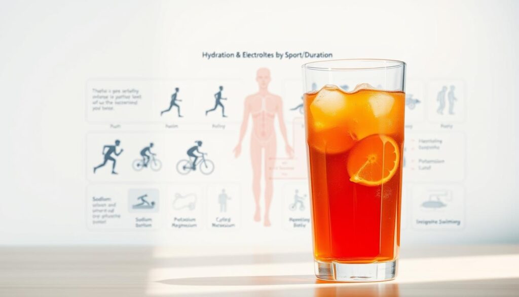 Prompt A detailed diagram depicting the key elements of an electrolyte strategy for sports hydration. In the foreground, a clear glass filled with a sports drink, highlighting the balance of electrolytes like sodium, potassium, and magnesium. In the middle ground, a series of icons representing various athletic activities - running, cycling, swimming. In the background, a clean, minimalist layout with technical illustrations of the human body's electrolyte regulation system. The scene is illuminated by soft, natural lighting, creating a calm, educational atmosphere suitable for the "Hydration & Electrolytes by Sport/Duration" section of the article.