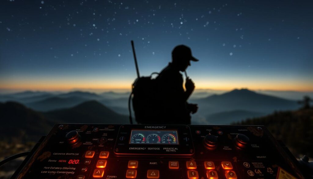 A detailed emergency communication panel set against a dimly lit, rugged backcountry landscape. In the foreground, a weathered, high-contrast display shows various protocol icons, signal strength meters, and emergency buttons. Behind it, a shadowy silhouette of a hiker or ranger stands ready, radio in hand. Soft, warm lighting illuminates the scene, creating a sense of urgency and preparedness. The background features a panoramic view of distant mountains, forests, and a starry night sky, emphasizing the remote, off-grid setting. The overall composition conveys the importance of clear, concise emergency communication in the California backcountry.