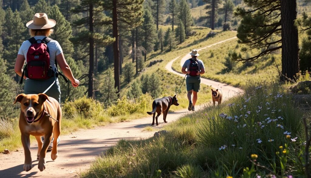 A group of hikers with their well-behaved canine companions navigate a sun-dappled California trail, following established trail etiquette. In the foreground, a medium-sized dog on a leash trots alongside its owner, attentive and alert. In the middle ground, another hiker pauses to allow their off-leash dog to sniff the wildflowers lining the path, keeping the animal under close control. In the background, the winding trail disappears into a lush, verdant landscape dotted with towering pine trees, casting soft, warm shadows across the scene. The lighting is natural and diffuse, capturing the tranquil, outdoor atmosphere. The overall mood is one of responsible, harmonious recreation in nature.