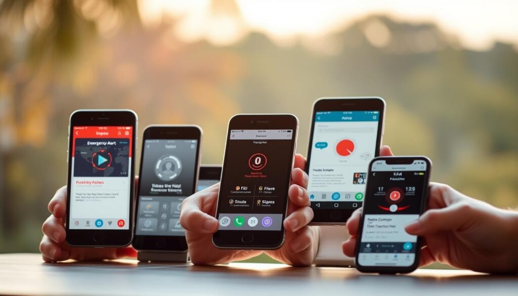 A holistic, well-lit scene depicting a variety of sleek, contemporary emergency alert apps displayed on mobile devices against a serene, blurred nature backdrop. The apps should feature intuitive interfaces with clear icons and layouts, conveying a sense of preparedness and responsiveness. The devices should be held in hands or propped on a surface, creating an immersive, user-centric composition. Subtle warm lighting and a shallow depth of field should emphasize the apps' prominence and functionality. The overall mood should be one of confidence, reliability, and reassurance, perfectly suited for the "After the Call" decision-making section of the article.
