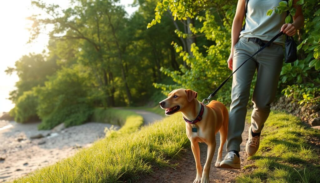 A peaceful outdoor scene with a dog on a leash walking alongside its owner on a winding trail through a lush, green forest. The sun casts a warm glow, creating soft shadows and highlighting the vibrant foliage. In the background, a serene beach with gentle waves lapping at the shore. The dog is well-behaved, attentive to its owner, and wearing a collar with a visible ID tag. The owner is dressed casually, carrying a waste bag, and maintaining a relaxed but vigilant posture, prioritizing the safety and well-being of their furry companion. The overall atmosphere conveys the importance of responsible pet ownership and enjoying the outdoors responsibly.