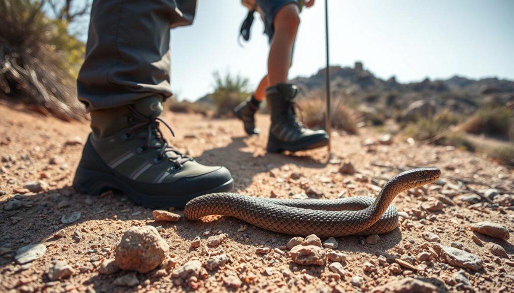 A rattlesnake slithering through a dry, rocky terrain, its coiled body poised to strike. In the foreground, a pair of hiking boots with gaiters, demonstrating proper attire for rattlesnake avoidance. The middle ground features a hiker cautiously navigating the path, observing their surroundings for any signs of the reptile. In the background, a rugged, sun-dappled landscape of desert shrubs and boulders sets the scene. The image is captured with a wide-angle lens, emphasizing the scale and hazardous nature of the environment. The overall mood is one of vigilance and respect for the rattlesnake's habitat.