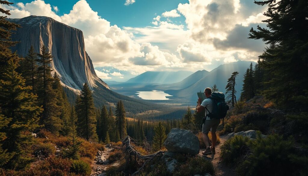 A rugged California wilderness landscape, with towering granite peaks, dense evergreen forests, and winding hiking trails through the undergrowth. In the foreground, a backpacker navigates a steep, rocky path, studying a map and compass intently, their path obscured by twisted tree branches and overgrown vegetation. The middle ground features a sprawling valley, with a glistening lake or river reflecting the dramatic, cloud-streaked sky. The background is dominated by massive, snow-capped mountains, shrouded in mist and mystery. The scene is lit by warm, golden-hour sunlight, casting dramatic shadows and highlighting the textures of the natural environment. The overall mood is one of challenge and exploration, capturing the difficulties of traversing the remote, untamed wilderness of California.