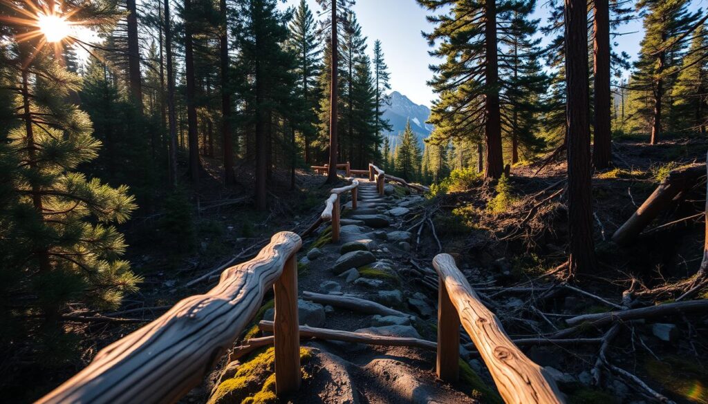 A rugged, weathered path winds through a dense, untamed wilderness. In the foreground, sturdy wooden handrails extend along the trail, providing a tactile guide for navigating the uneven terrain. Sunlight filters through the lush canopy of towering pines, casting a warm, golden glow on the scene. The middle ground reveals a mix of mossy rocks, tangled roots, and fallen branches, challenging the hiker to maintain their footing. In the distance, a backdrop of towering, snow-capped peaks looms, hinting at the remote, untamed nature of this wilderness. The overall atmosphere conveys a sense of self-reliance, resilience, and a connection to the natural world, as the handrails become a lifeline for those traversing this untamed landscape.