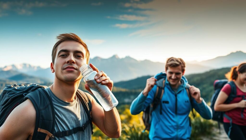 A serene outdoor scene with a group of hikers engaged in various activities. In the foreground, a hiker is sipping from a water bottle, their face exuding a sense of refreshment. In the middle ground, another hiker is peeling open an energy bar, highlighting the importance of balanced electrolyte replenishment. The background depicts a lush, verdant landscape with towering mountains in the distance, bathed in warm, golden-hour lighting. The overall mood is one of vitality, rejuvenation, and the harmony between physical activity and optimal hydration and nutrition.
