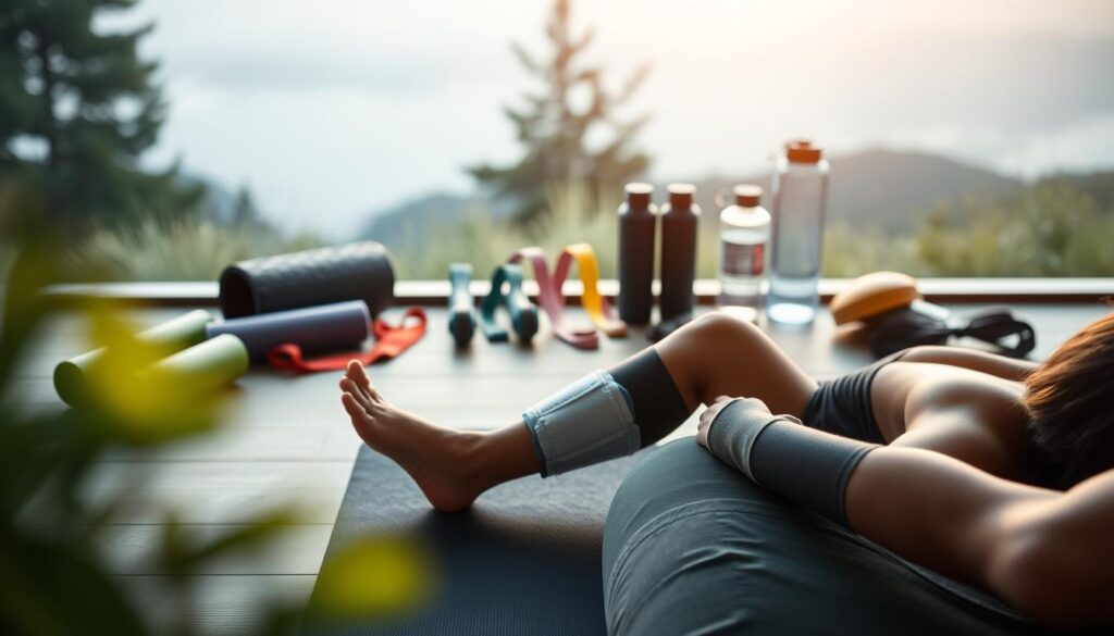 A serene, peaceful setting with a figure relaxing in the foreground, surrounded by elements that represent an optimal recovery routine. The figure is resting on a comfortable surface, possibly a yoga mat or foam roller, with a cooling ice pack or compression sleeve on a limb. In the middle ground, various recovery tools are neatly arranged, such as foam rollers, resistance bands, and hydration bottles. The background features a calming, natural environment, perhaps with soft lighting from a setting sun or gentle ambient lighting, creating a soothing atmosphere. The overall composition conveys a sense of balance, rejuvenation, and a holistic approach to post-activity recovery.