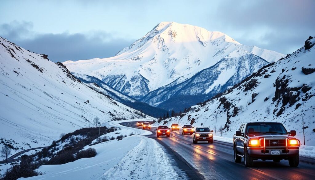 A snow-covered Sierra Nevada mountain range, with a winding mountain road in the foreground. In the middle ground, a line of vehicles equipped with snow chains navigates the treacherous conditions, their headlights illuminating the way. In the background, a towering peak looms, its slopes blanketed in pristine white snow. The scene conveys a sense of winter's harshness, the need for vigilance, and the importance of proper preparation for driving in these challenging conditions. Dramatic lighting, with a blend of warm and cool tones, creates a moody, atmospheric feel. The overall composition emphasizes the power of nature and the vulnerability of those who traverse its peaks.