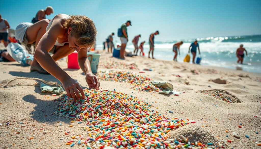 A sun-drenched beach, fine grains of sand dotted with an array of multicolored microplastics. In the foreground, a volunteer crouches, meticulously sifting through the debris, their brow furrowed in concentration. Behind them, a line of buckets and bags stand ready to collect the tiny plastic fragments, each one a testament to the scale of the challenge. The middle ground reveals a wider scene, with groups of people combing the shoreline, working together to leave no trace. In the distance, the glistening ocean waves provide a serene backdrop, a reminder of the fragile balance that must be restored. Crisp, natural lighting casts a warm glow, capturing the diligence and determination of those committed to keeping our beaches pristine.