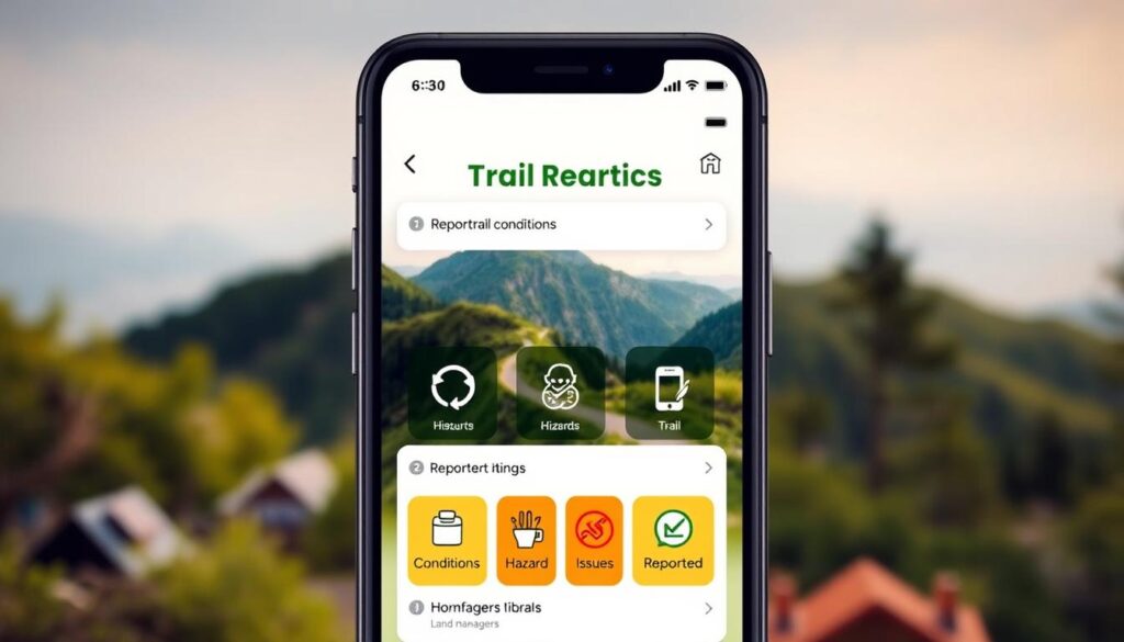 A user-friendly mobile app interface showing trail reporting features, with a sleek and intuitive design. The foreground displays a smartphone screen displaying icons for reporting trail conditions, hazards, and issues to land managers. The middle ground features a scenic mountain trail backdrop, with lush greenery and winding pathways. Soft, warm lighting illuminates the scene, creating a welcoming and informative atmosphere. The overall composition conveys the ease and importance of using trail reporting apps to maintain and improve outdoor recreational areas.