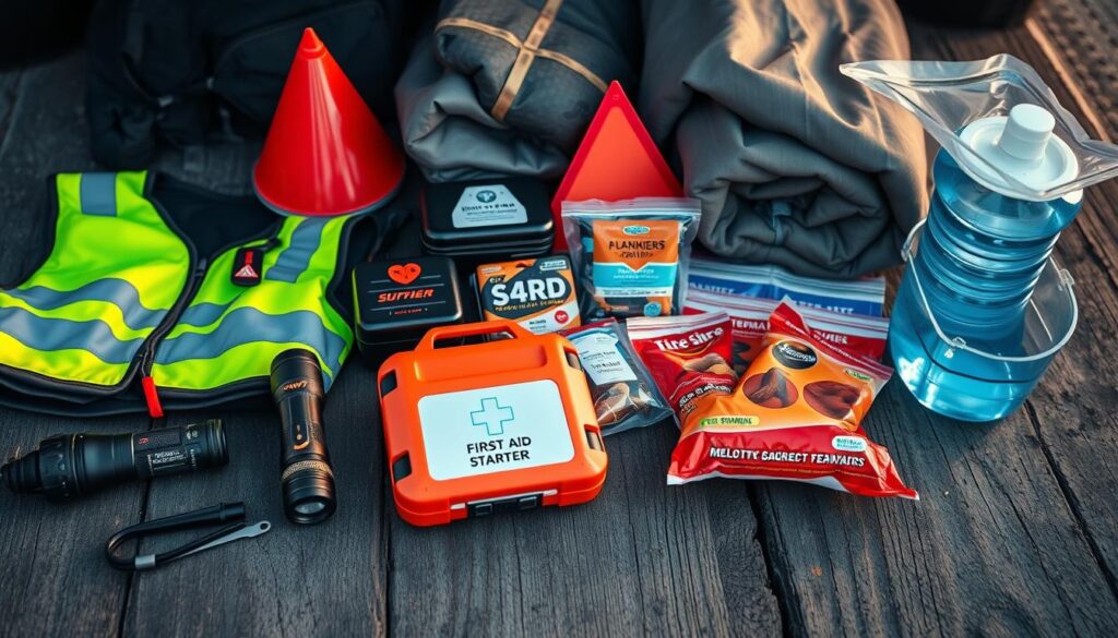 A well-stocked car emergency kit laid out on a rugged, weathered wooden surface. In the foreground, a high-visibility safety vest, a multi-tool, a heavy-duty flashlight, and a first-aid kit. In the middle ground, a portable jump starter, a tire inflator, and a set of reflective road flares. In the background, a thermal blanket, a sealable plastic bag filled with non-perishable snacks, and a collapsible water container. The lighting is natural, with warm, golden tones, creating a sense of preparedness and resilience. The overall composition conveys a practical, organized approach to car emergency survival supplies.