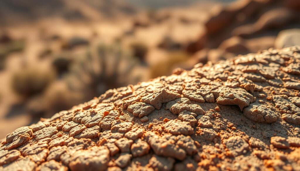 Detailed close-up of cryptobiotic crust in the desert, showcasing its delicate, textured surface. The foreground features the intricate patterns and colors of the crust, capturing its resilient yet fragile nature. The middle ground subtly transitions to a slightly out-of-focus, sun-dappled desert landscape, hinting at the broader context. Warm, golden lighting casts a natural, earthy glow, evoking the harsh yet beautiful desert environment. Captured with a macro lens to emphasize the intricate structures, the image conveys the importance of preserving this vital component of desert ecosystems.