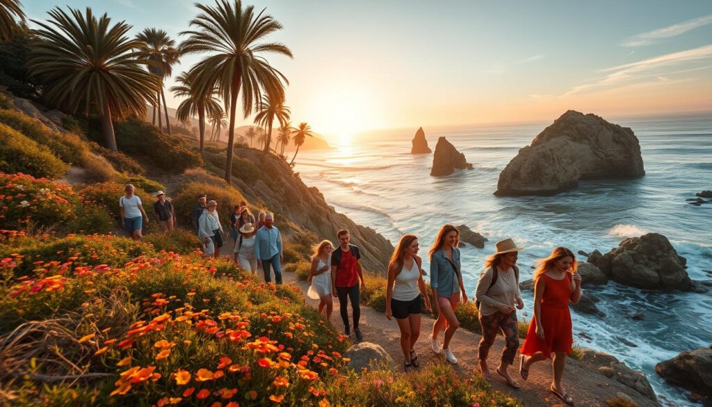 A breathtaking coastal scene capturing the essence of California outdoor adventures. In the foreground, a diverse group of people, dressed in stylish and modest casual clothing, enjoy hiking along a rugged cliffside with vibrant wildflowers and stunning ocean views. The middle ground showcases towering palm trees and dramatic rock formations, while waves crash against the shore, creating a dynamic sense of motion. In the background, the sun sets, casting a warm golden light across the sky, reflecting off the water. The atmosphere is exhilarating and inviting, evoking the spirit of adventure and the beauty of the California coastline. Use a wide-angle lens to capture the expansive landscape and include soft, natural lighting for a warm and welcoming feel.