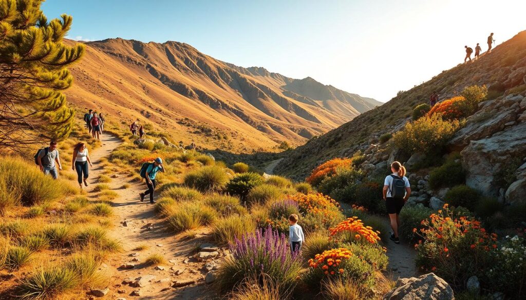 A scenic view of California's diverse hiking trails, featuring three distinct areas that represent different hiking skill levels. In the foreground, a beginner-friendly trail with a wide path and gentle slopes, populated by families with children in modest casual clothing, enjoying nature. The middle ground showcases a moderate difficulty trail, where adults are hiking in professional athletic attire, navigating rocky terrain with vibrant wildflowers around. In the background, depict a challenging trail that winds up a steep mountain, with experienced hikers tackling the ascent, showcasing their determination. The lighting should be warm and golden, reminiscent of a late afternoon sun, casting long shadows and enhancing the vibrant colors of the flora. The atmosphere should evoke a sense of adventure and achievement, inviting viewers to explore California’s outdoor wonders.
