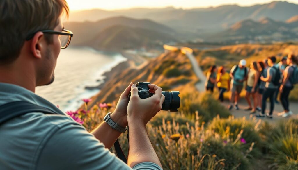 A serene outdoor scene showcasing an adventure photographer sharing their work on social media. In the foreground, a professional photographer in modest casual clothing focuses on capturing a stunning California landscape, with a DSLR camera in hand, framed by vibrant wildflowers. The middle ground features a picturesque vista of rugged mountains and a winding coastal trail, bathed in the warm golden glow of sunset. In the background, a diverse group of adventure athletes gathers, engaging happily as they explore, emphasizing community and ethical sharing. The atmosphere is joyful and respectful, conveying the importance of appreciating and protecting nature. Use soft, natural lighting to create a warm, inviting mood, with a shallow depth of field to highlight the photographer while softly blurring the background elements. A serene outdoor scene showcasing an adventure photographer sharing their work on social media. In the foreground, a professional photographer in modest casual clothing focuses on capturing a stunning California landscape, with a DSLR camera in hand, framed by vibrant wildflowers. The middle ground features a picturesque vista of rugged mountains and a winding coastal trail, bathed in the warm golden glow of sunset. In the background, a diverse group of adventure athletes gathers, engaging happily as they explore, emphasizing community and ethical sharing. The atmosphere is joyful and respectful, conveying the importance of appreciating and protecting nature. Use soft, natural lighting to create a warm, inviting mood, with a shallow depth of field to highlight the photographer while softly blurring the background elements.