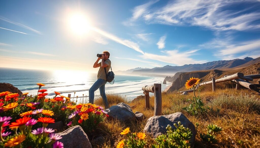 A vibrant outdoor scene showcasing California's diverse weather conditions for photography, featuring a sunny coastal landscape. In the foreground, organize colorful wildflowers and rustic rocks, symbolizing the vibrant flora. In the middle ground, include a breathtaking coastline with rolling waves crashing against cliffs, illuminated by warm golden-hour sunlight. In the background, depict the iconic Sierra Nevada mountains under a stunning blue sky dotted with wispy clouds. Capture the atmosphere of adventure, with a photographer in modest casual attire, taking shots with a DSLR camera, capturing the interplay of light and nature. The lighting should highlight the dynamic contrasts, with soft shadows and radiant highlights, establishing a cheerful and adventurous mood. A vibrant outdoor scene showcasing California's diverse weather conditions for photography, featuring a sunny coastal landscape. In the foreground, organize colorful wildflowers and rustic rocks, symbolizing the vibrant flora. In the middle ground, include a breathtaking coastline with rolling waves crashing against cliffs, illuminated by warm golden-hour sunlight. In the background, depict the iconic Sierra Nevada mountains under a stunning blue sky dotted with wispy clouds. Capture the atmosphere of adventure, with a photographer in modest casual attire, taking shots with a DSLR camera, capturing the interplay of light and nature. The lighting should highlight the dynamic contrasts, with soft shadows and radiant highlights, establishing a cheerful and adventurous mood.