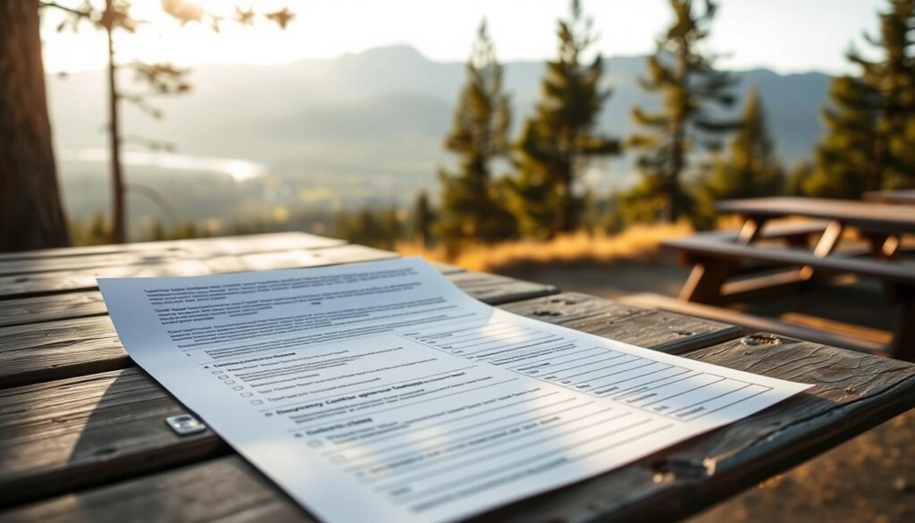 A close-up of a Tahoe Rim Trail volunteer agreement and safety form, prominently displayed on a rustic wooden picnic table in an outdoor setting. In the foreground, the detailed form has visible sections for signature, emergency contacts, and safety guidelines, all neatly organized. The middle ground features a majestic view of a mountain landscape bathed in soft afternoon sunlight, with pine trees framing the background. The atmosphere is serene and inviting, emphasizing a spirit of community and outdoor adventure. The focus is on the form, making it the centerpiece of the composition, while the natural beauty of the environment subtly enhances the message of volunteerism and safety in outdoor activities. The lighting is warm, capturing the essence of a beautiful day in California’s nature.