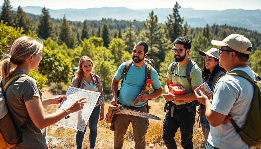 A diverse group of volunteers gathered in a sunlit clearing along a scenic California trail, engaging in a safety briefing. In the foreground, a Caucasian woman in casual outdoor attire gestures to a map of the trail, while in the middle, a Hispanic man stands holding various tools: gloves, a pruning saw, and a first aid kit. Other volunteers, including a Black woman and an Asian man, listen intently, equipped with backpacks and safety gear. In the background, lush green trees and distant mountains create a vibrant, inviting atmosphere. The lighting is warm and bright, suggesting a pleasant day for trail maintenance. The image conveys camaraderie, responsibility, and dedication to nature conservation, providing a sense of purpose and community.