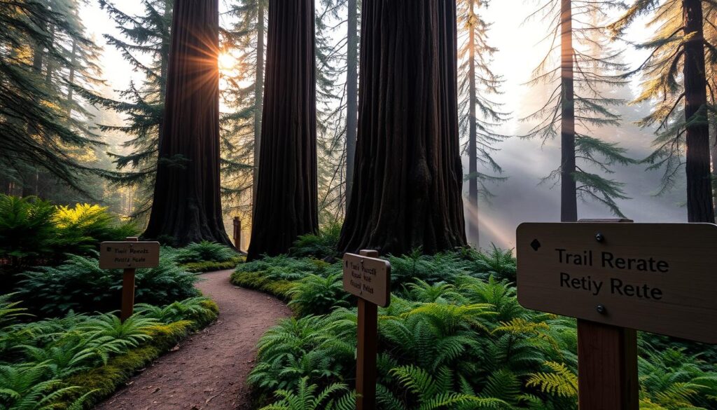 A tranquil scene in Muir Woods showcasing a designated trail reroute and redwood restoration area. In the foreground, a well-marked path winds through lush ferns and soft moss, with carefully placed wooden signage indicating trail updates. The middle ground features towering redwood trees, their majestic trunks enveloped in greenery, with small patches of sunlight filtering through the dense canopy above, creating a serene ambiance. In the background, other trees stretch into the hazy distance, with soft mist adding a sense of depth, evoking a calm, inviting atmosphere. The lighting is warm, with a golden hue during late afternoon, highlighting the textures of the bark and leaves. This peaceful scene captures the essence of forest conservation efforts in Northern California.