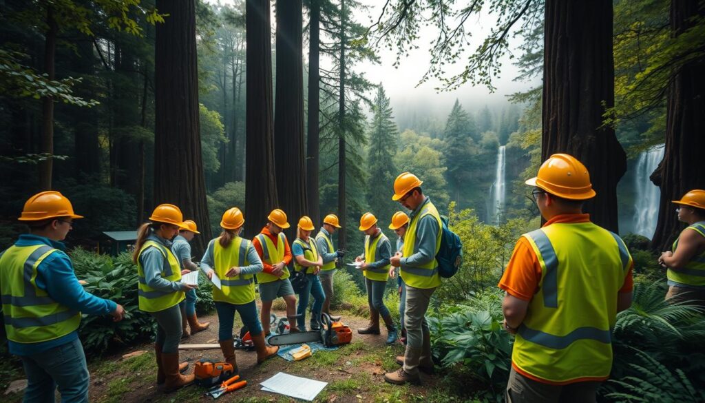 A tranquil temperate rainforest scene, featuring lush greenery with towering redwood trees and dappled sunlight filtering through the dense canopy. In the foreground, a diverse group of individuals dressed in practical safety gear: bright yellow hard hats, reflective vests, and sturdy boots, engaged in activities such as measuring tree growth and discussing conservation strategies. In the middle ground, tools like a chainsaw and pruning shears are strategically placed on the forest floor, while a safety checklist is partially visible. The background reveals misty hills and a cascade of gentle rain, enhancing the serene yet industrious atmosphere. Use soft, natural lighting to create a sense of calm, and employ a wide-angle lens to capture the grandeur of the forest environment.