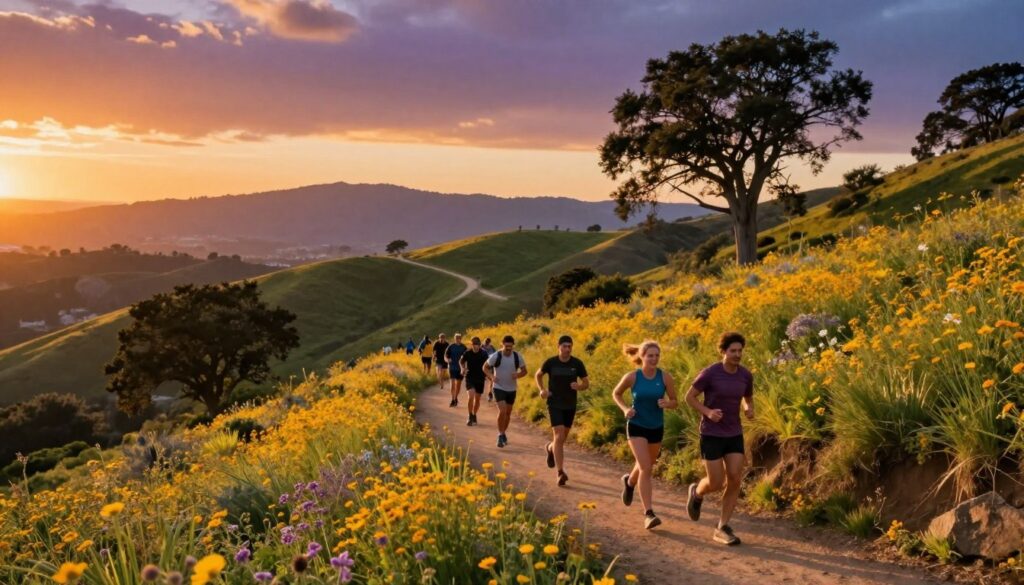 A breathtaking California trail run scene featuring a winding dirt path surrounded by vibrant, sunlit wildflowers and towering trees. In the foreground, a diverse group of trail runners, dressed in modest athletic gear, are captured mid-stride, showcasing their determination and joy. The middle ground highlights the trail leading up to a scenic overlook, with rolling hills and distant mountains bathed in the golden glow of a sunset, casting long shadows. In the background, the sky transitions into a stunning array of oranges, purples, and blues. The atmosphere is invigorating, reflecting the thrill of adventure and the beauty of nature. The image is composed from a slightly elevated angle, with soft, warm lighting emphasizing the runners' movements and the lush surroundings.