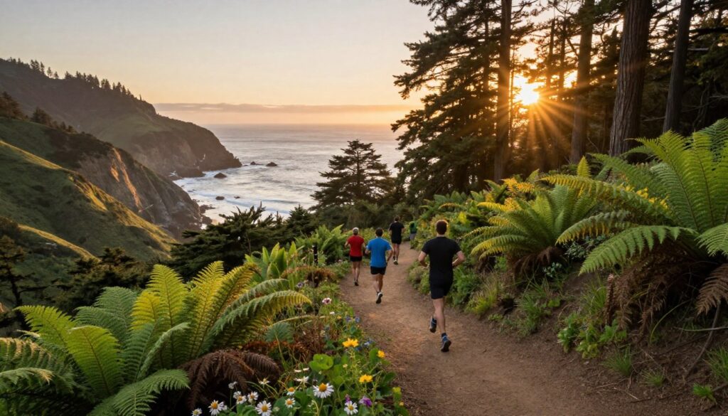 A breathtaking view of a scenic Californian trail suitable for running, showcasing a diverse landscape with a mixture of coastal cliffs, lush forests, and majestic mountains. In the foreground, a winding dirt path leads through vibrant green ferns and wildflowers, hinting at the adventure ahead. The middle ground features runners dressed in modest athletic gear, energetically traversing the trail against a backdrop of towering redwoods and the sparkling Pacific Ocean. In the background, the sun sets, casting golden rays through the trees, illuminating the scenic landscape with warm light. The atmosphere is invigorating and peaceful, inviting viewers to immerse themselves in the beauty of California's natural trails. The image is captured with a wide-angle lens, emphasizing the grandeur of the surroundings, and the overall mood is inspiring and uplifting.