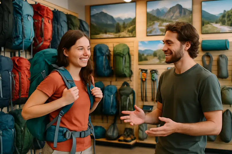Small hiking pack with layers, snacks, and a water bottle on a bench