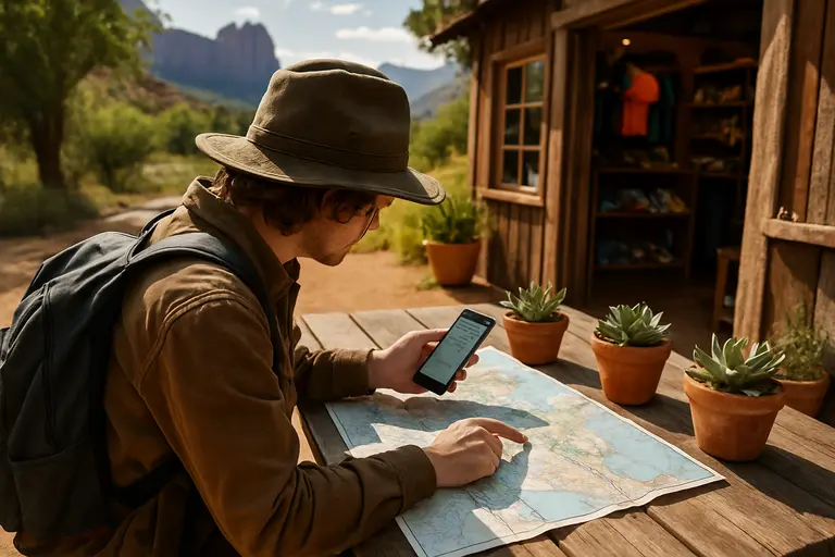 Road map, hiking shoes, and water bottles arranged before a desert drive