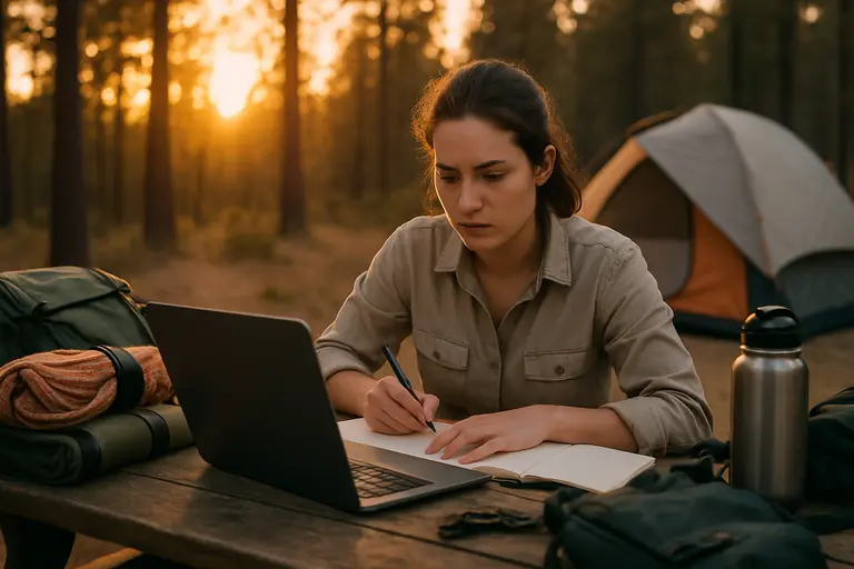 Traveler reviewing a park map on a car hood before entering mountain roads