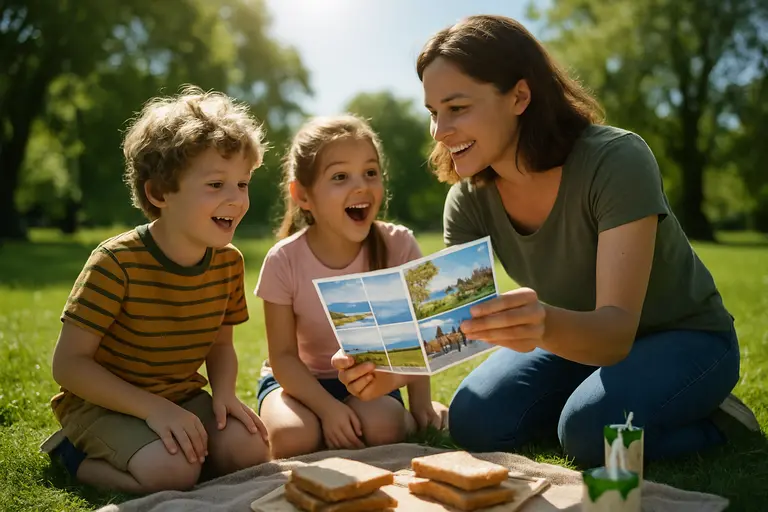 Family reviewing a walking route near fenced grass on the National Mall