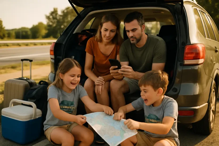 Family car packed for Labor Day travel with cooler and road trip gear