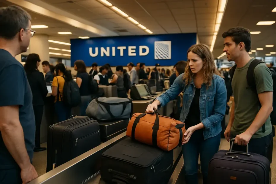 United Airlines Mediterranean Expansion route map with packed carry-on and family travel gear