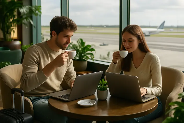 Airport seating area with travelers charging phones near large windows