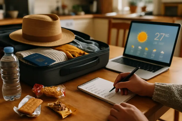 Carry-on bag with charger, water bottle, snacks, and travel documents