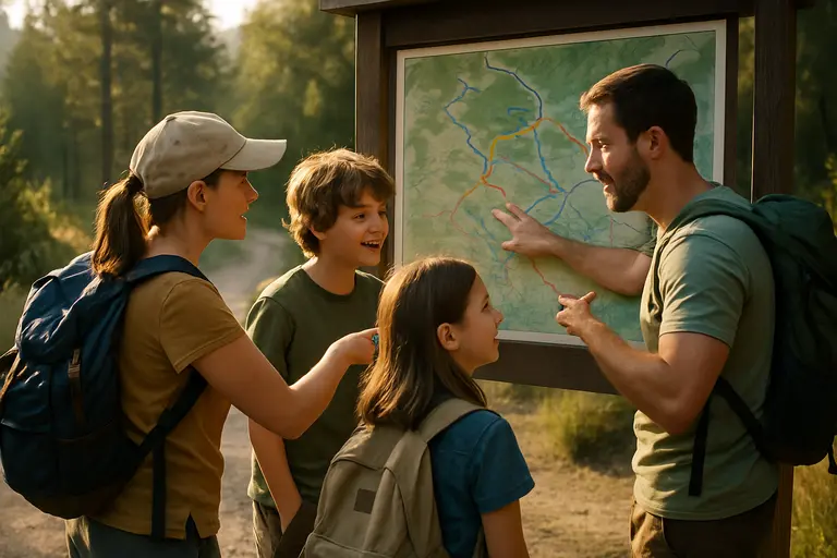 Family hikers checking packs near a paved canyon trail in autumn