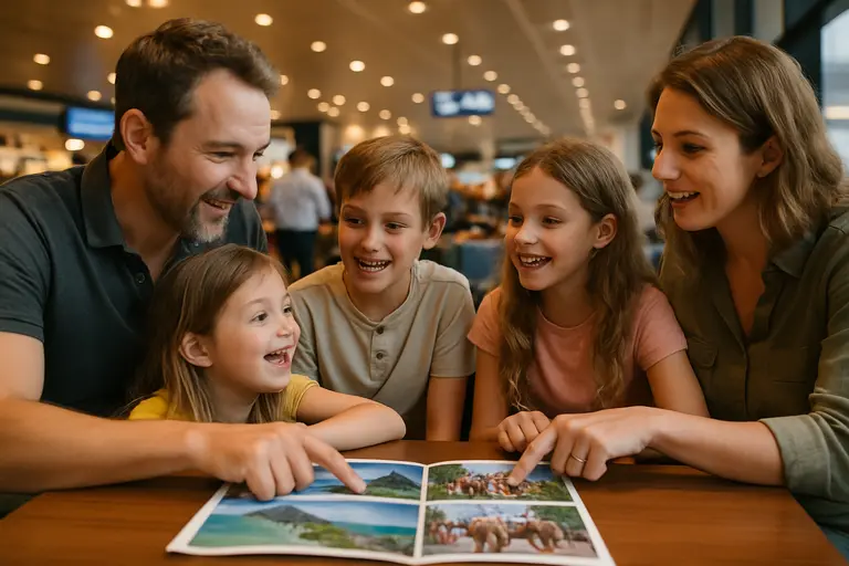 Family organizing luggage near an airport check-in counter