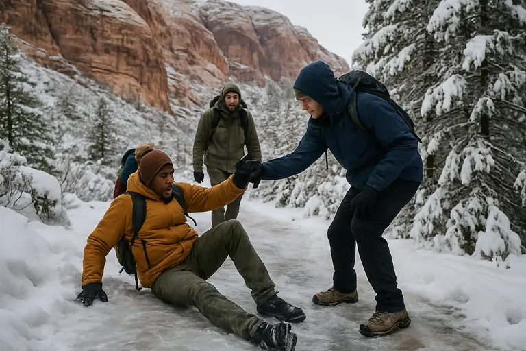 Hikers wearing layers on a rocky desert trail under cloudy winter skies