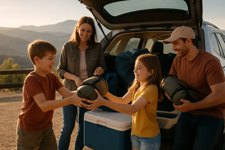 Parents and children look over a paper map beside an SUV at a scenic pullout